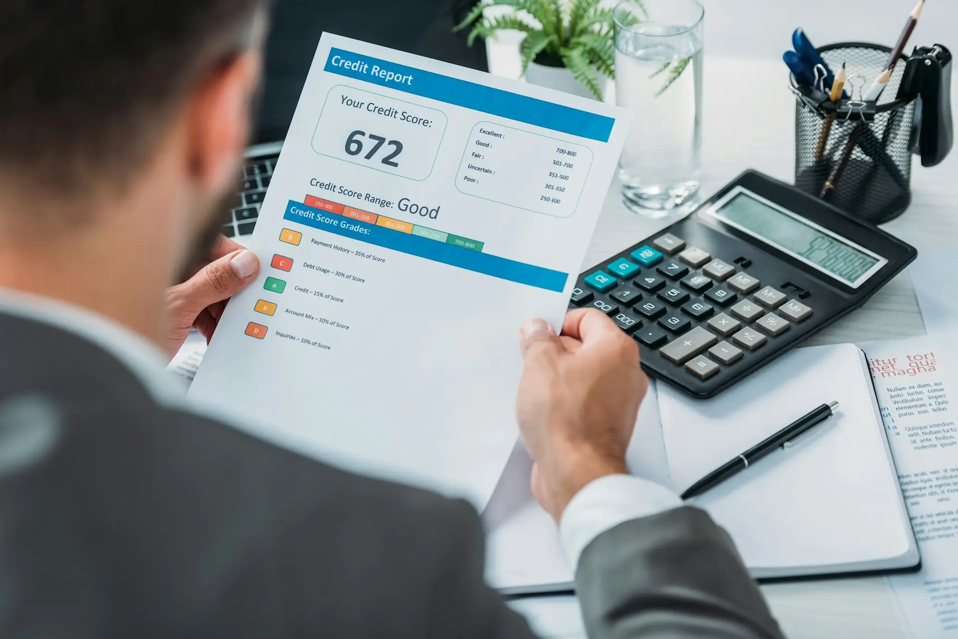 selective focus of man in formal wear holding credit report